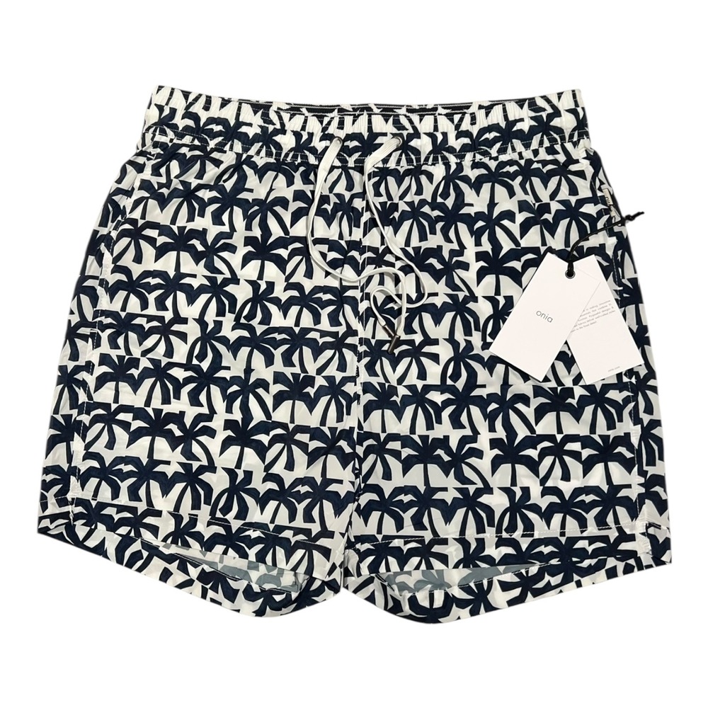 Onia Charles 5"‎ Swim Trunks Men's M Palm Tree Print White Navy NWT